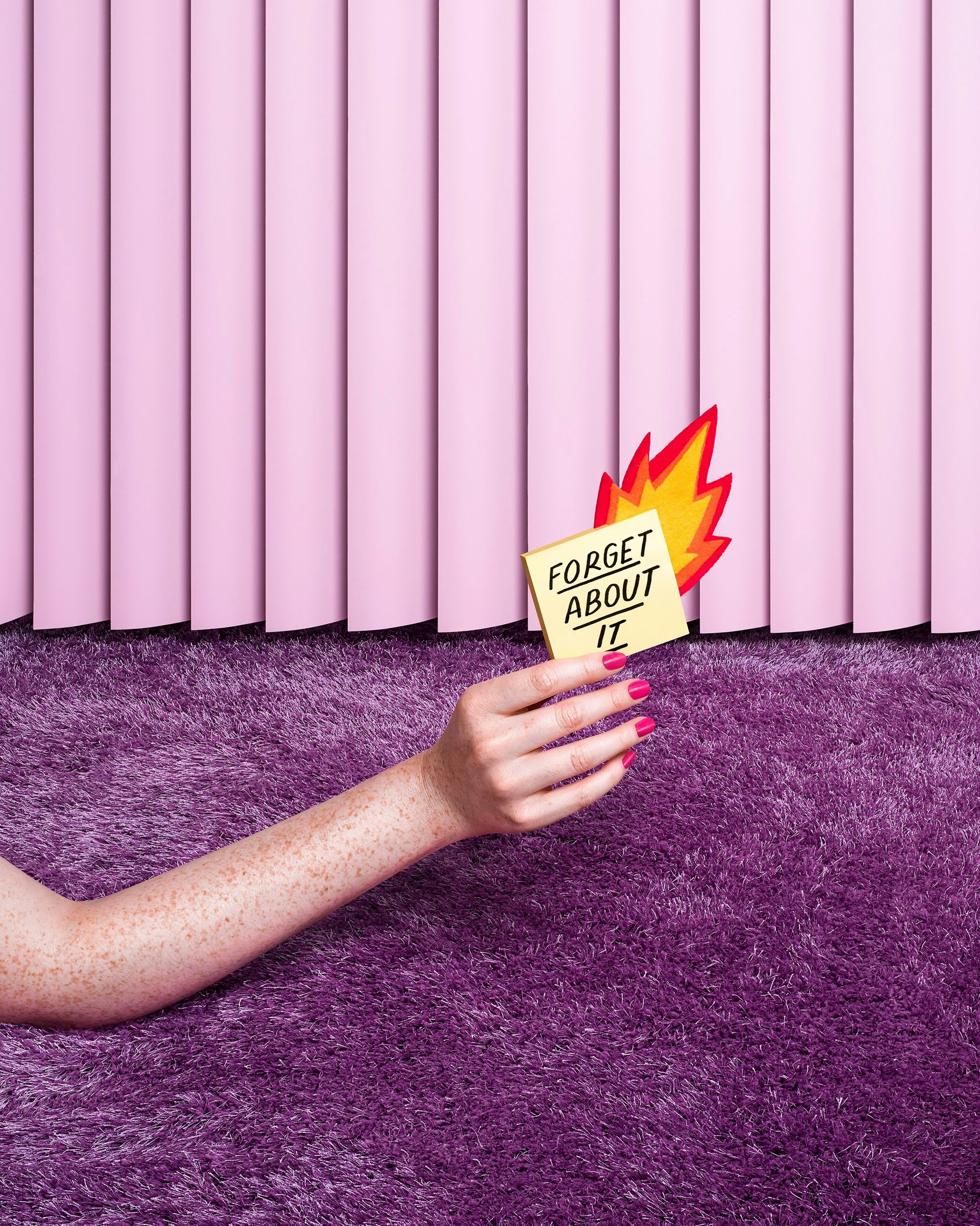 A hand holds up a postcard saying 'FORGET ABOUT IT' against a backdrop of pink curtains and purple carpet.