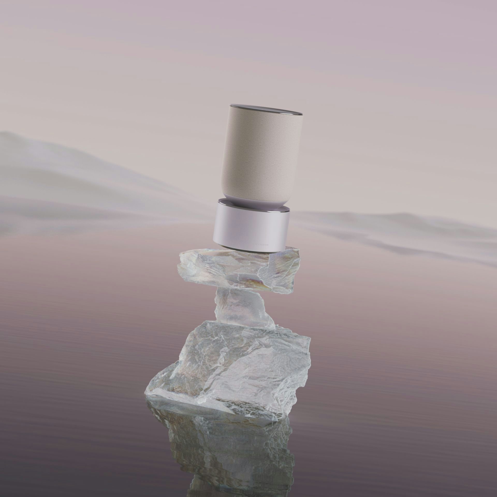 Photo of a Bang & Olufsen speaker balanced on ice chunks in a polar setting.