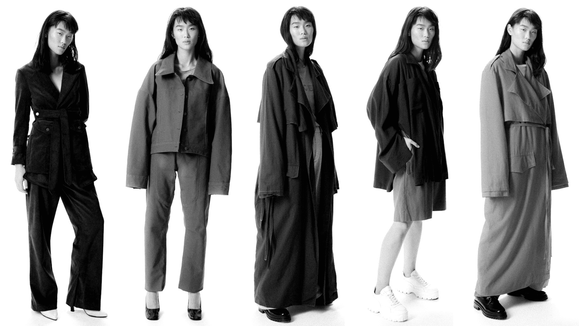 A collage of a model in various poses wearing a series of chic monochromatic outfits.